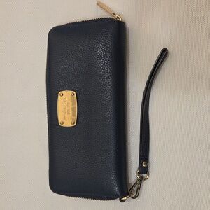Michael Kors Navy Leather Wristlet Wallet with Gold Accents